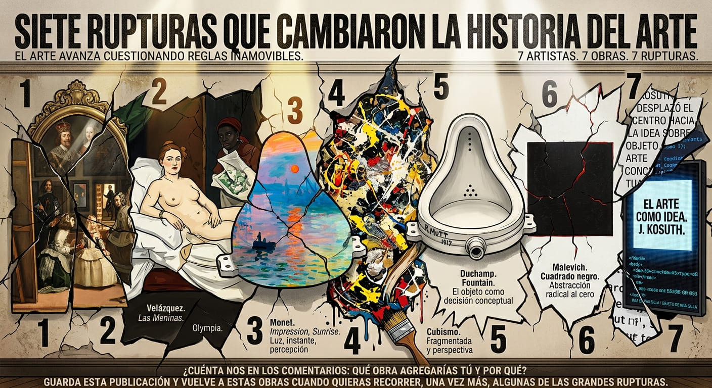 El arte no avanza únicamente creando nuevas imágenes. También avanza cuestionando las reglas que parecían inamovibles. Cada época construye una idea de lo que debe ser una obra de arte: cómo debe verse, qué debe representar, qué materiales puede utilizar y, sobre todo, qué puede llegar a significar. Pero, en distintos momentos de la historia, algunos artistas decidieron poner esas certezas en duda. Diego Velázquez cuestionó la mirada y el lugar del espectador. En Las Meninas, la pintura dejó de ser simplemente una ventana hacia una escena y se convirtió en un complejo juego de miradas, posiciones y representaciones. Con Édouard Manet llegó otro desafío. Obras como Olympia rompieron con las convenciones académicas de la representación y mostraron que la pintura podía incomodar, provocar y hablar directamente de su propio tiempo. Claude Monet llevó todavía más lejos esa transformación. El impresionismo dejó de perseguir una representación precisa de la realidad para interesarse por la luz, el instante y la percepción. La pintura ya no tenía que reproducir exactamente lo que el ojo veía. Pablo Picasso y Georges Braque fragmentaron la realidad. El cubismo cuestionó la perspectiva tradicional y propuso que un objeto podía ser observado desde diferentes puntos de vista dentro de una misma obra. Después llegó Marcel Duchamp y planteó una pregunta que todavía resuena: ¿qué hace que algo sea arte? Con el ready-made, el objeto cotidiano podía convertirse en obra a partir de una decisión conceptual. Kazimir Malévich llevó la ruptura hacia la abstracción radical. Con Cuadrado negro, redujo la representación a su mínima expresión y abrió un territorio donde el arte podía existir sin necesidad de representar personas, objetos o paisajes. Finalmente, Joseph Kosuth desplazó aún más el centro de la obra: del objeto hacia la idea. En el arte conceptual, pensar sobre el arte podía ser, en sí mismo, una forma de crear. Velázquez, Manet, Monet, Picasso, Duchamp, Malévich y Kosuth pertenecen a momentos y movimientos diferentes, pero comparten algo fundamental: cada uno desafió una regla que parecía necesaria para hacer arte. Siete artistas. Siete obras. Siete rupturas. Porque quizás una de las grandes constantes de la historia del arte sea precisamente esa: cuando una regla parece definitiva, alguien encuentra una manera de romperla. ¿Y cuál agregarías tú? Hay muchas otras obras que podrían formar parte de esta conversación. Una obra que haya cambiado la manera de mirar, representar, pensar o incluso definir qué entendemos por arte. Cuéntanos en los comentarios: ¿qué obra agregarías a esta lista y por qué? Guarda esta publicación y vuelve a estas obras cuando quieras recorrer, una vez más, algunas de las grandes rupturas que han transformado la historia del arte.