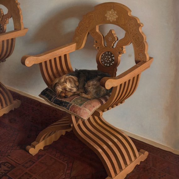 Artista: Claudio Bravo Título: Silla con Perro Técnica: óleo sobre lienzo Medidas: 133 x 112 cm Año: 1988 Precio: 240.000 usd